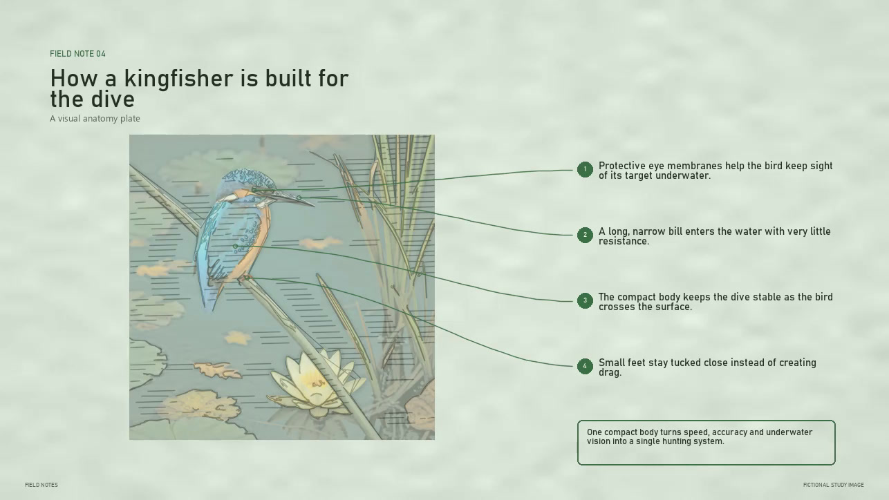 Narrated Story Plate explaining a kingfisher dive