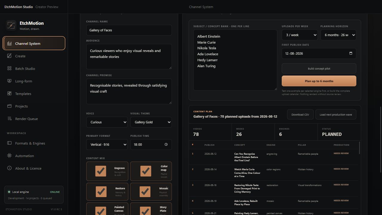 EtchMotion six-month content plan interface